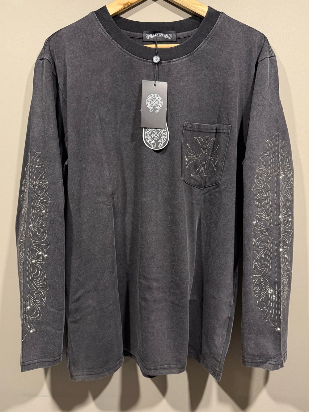 Chrome Hearts Black Charcoal Studded diamond Cross Long-Sleeve Tee - Picture 3 of 9